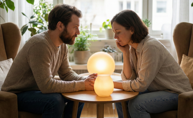 Zwei Menschen im Gespräch, die eine verbindende Lichtquelle halten – eine Metapher dafür, wie wir Kompromisse vermeiden und Bedürfnisse verbinden