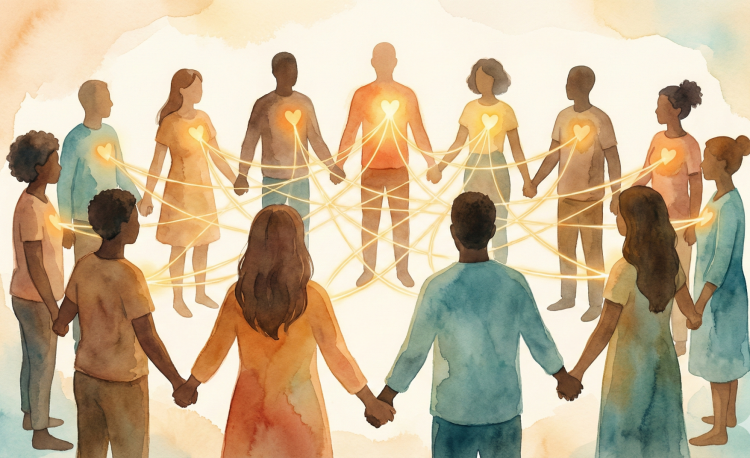 Abstrakte Darstellung von Menschen, die durch ein goldenes Licht verbunden sind, symbolisch für universelle Bedürfnisse.