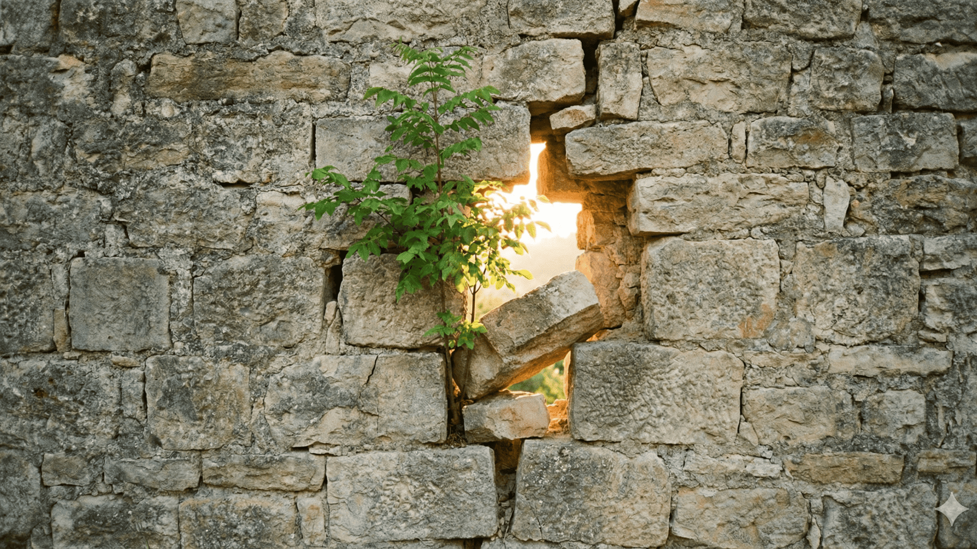 Verhalten ändern: Eine junge, grüne Pflanze wächst kraftvoll durch einen Spalt in einer alten Steinmauer und lässt Sonnenlicht hindurch, ein Symbolbild für den Prozess, wenn wir starre Verhaltensmuster ändern.