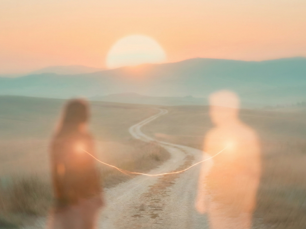 Zwei stilisierte Silhouetten in warmer Landschaft, verbunden durch ein Lichtband, symbolisieren Gleichwertigkeit und Verantwortung in der GFK.