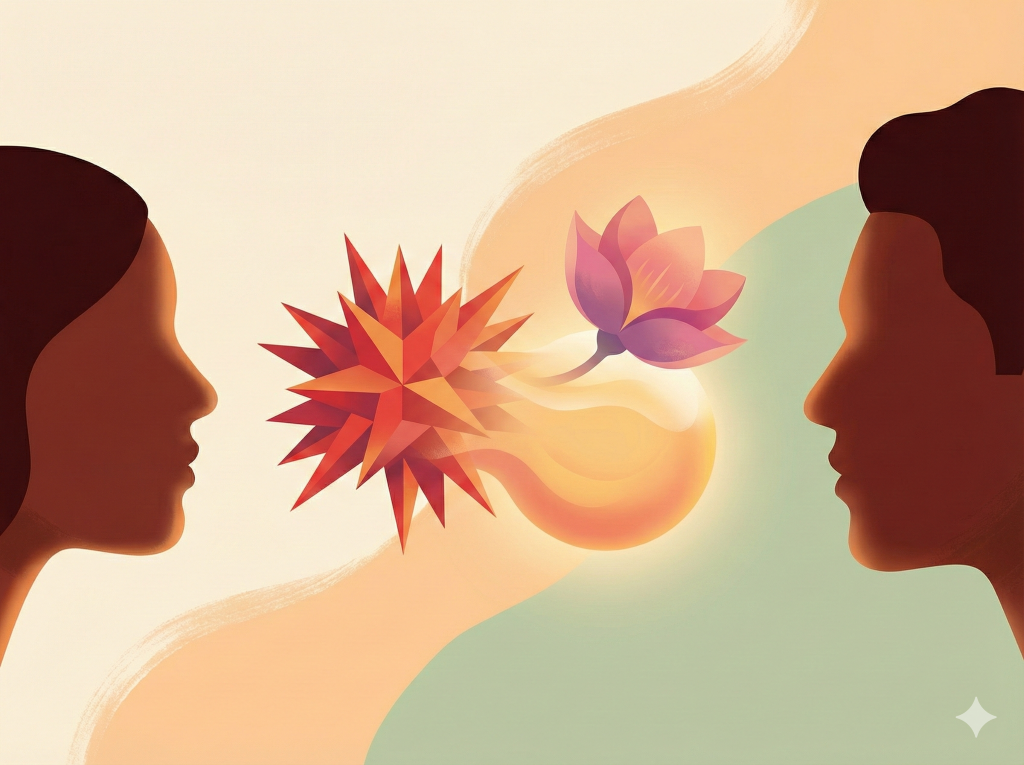 Eine warme, einladende Illustration zweier Personen im Profil. Zwischen ihnen verwandelt sich eine stachelige Form in eine weiche, leuchtende Kugel – ein Symbol dafür, wie wir Sprachgewalt durch das Erkennen von Bedürfnissen in empathische Verbindung transformieren können.