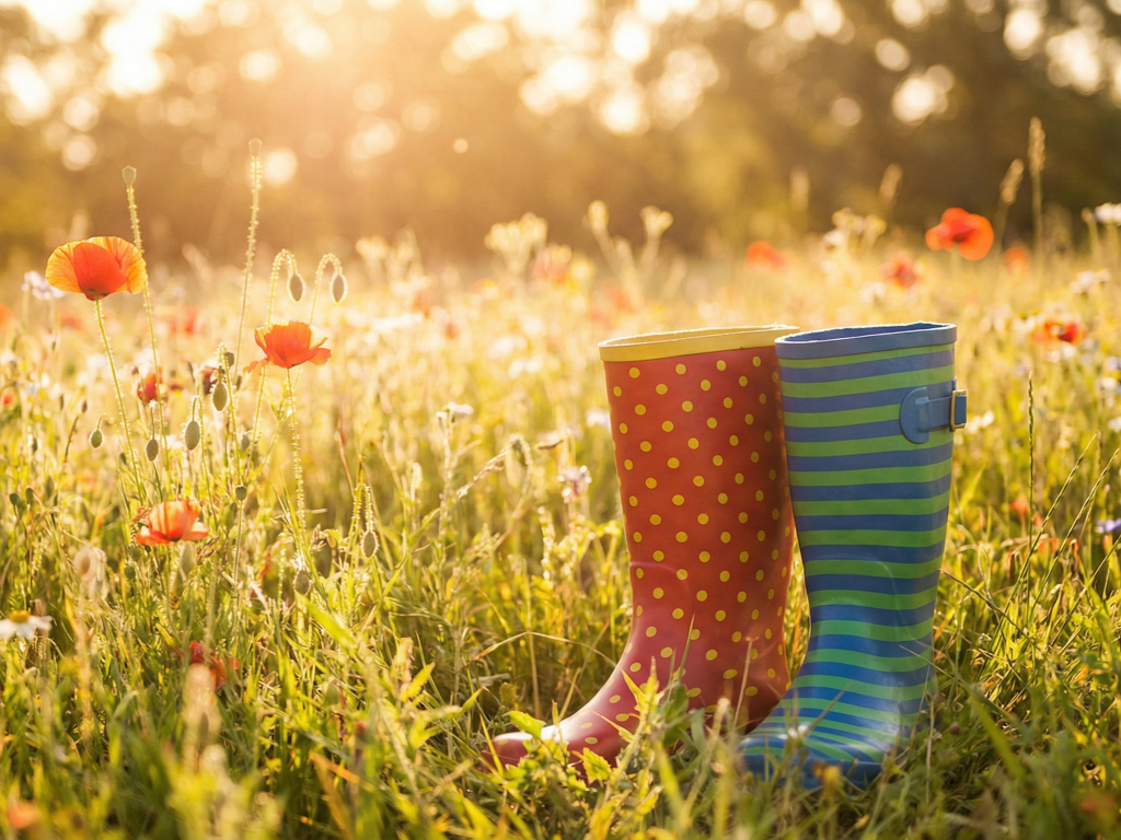 Bunte Gummistiefel stehen auf einer sonnigen Blumenwiese als Symbol für unpassende Werkzeuge, um einfühlsame Beziehungen zu gestalten.