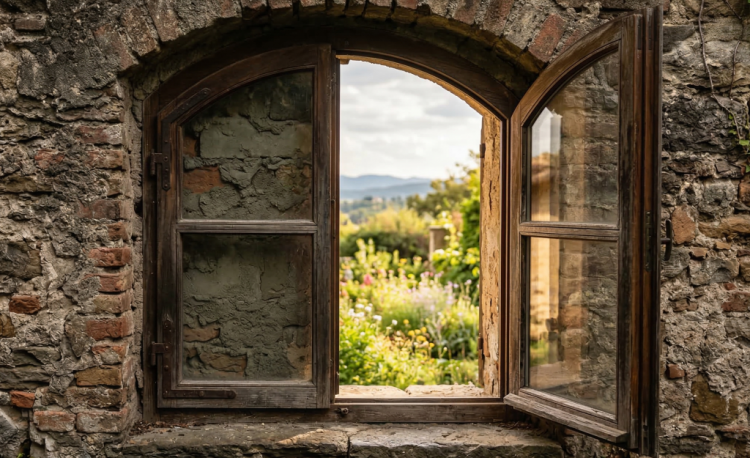 Ein weit geöffnetes, rustikales Holzfenster in einer massiven Steinmauer, das den Blick auf einen hellen, sonnendurchfluteten Garten freigibt.