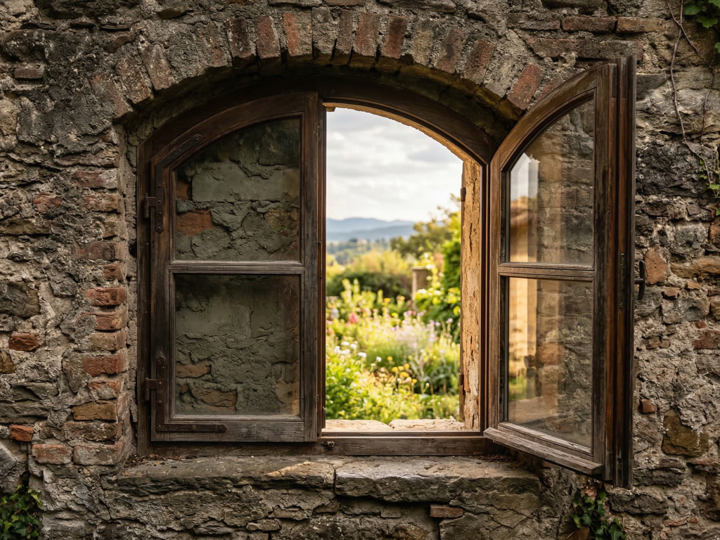 Ein weit geöffnetes, rustikales Holzfenster in einer massiven Steinmauer, das den Blick auf einen hellen, sonnendurchfluteten Garten freigibt.