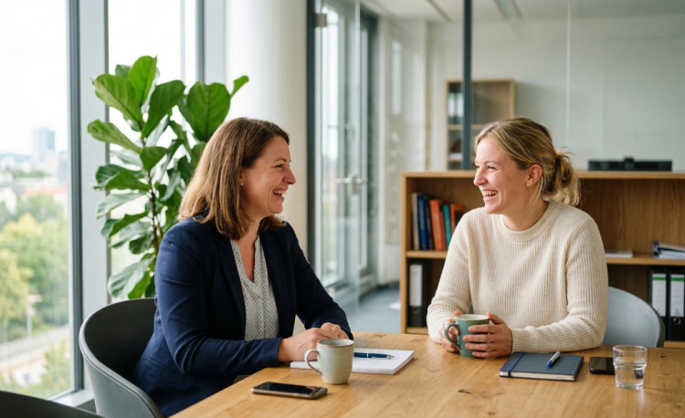 Zwei weibliche Kolleginnen in einem hellen Büro führen ein Gespräch über wertschätzende Kommunikation im Business.