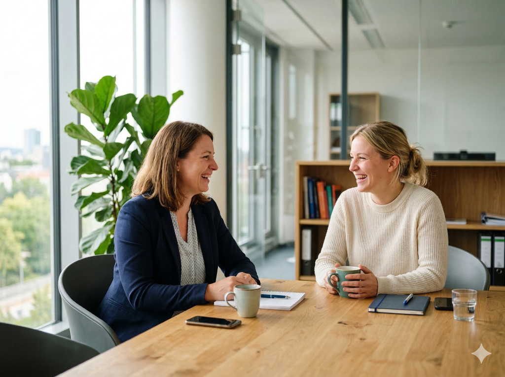 Zwei weibliche Kolleginnen in einem hellen Büro führen ein Gespräch über wertschätzende Kommunikation im Business.
