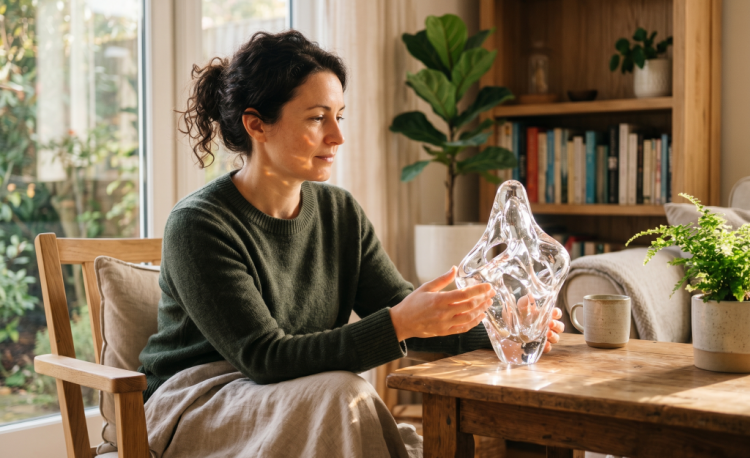 Eine Person sitzt in einem hellen Raum und blickt gelassen auf eine Lichtreflexion – Symbol für das Bewusstsein, wenn wir die Verantwortung für Gefühle übernehmen.