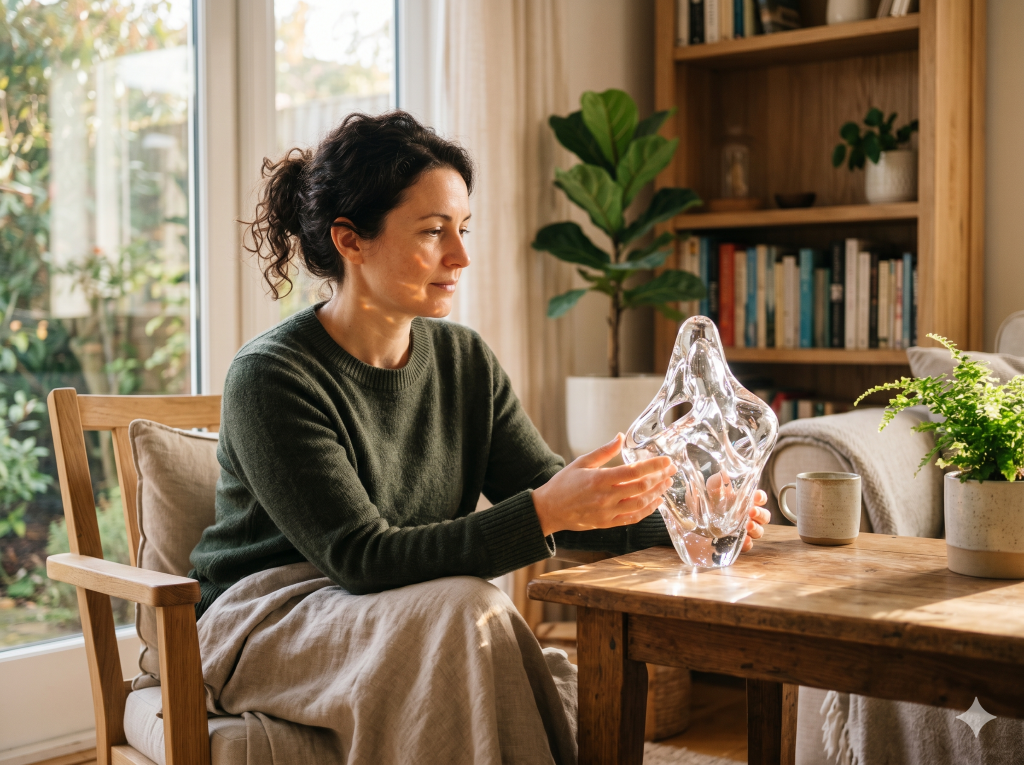 Eine Person sitzt in einem hellen Raum und blickt gelassen auf eine Lichtreflexion – Symbol für das Bewusstsein, wenn wir die Verantwortung für Gefühle übernehmen.
