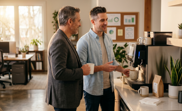 Zwei Kollegen im respektvollen Gespräch an einer Kaffeemaschine als Symbol für ehrliche Kommunikation und Gefühle am Arbeitsplatz.