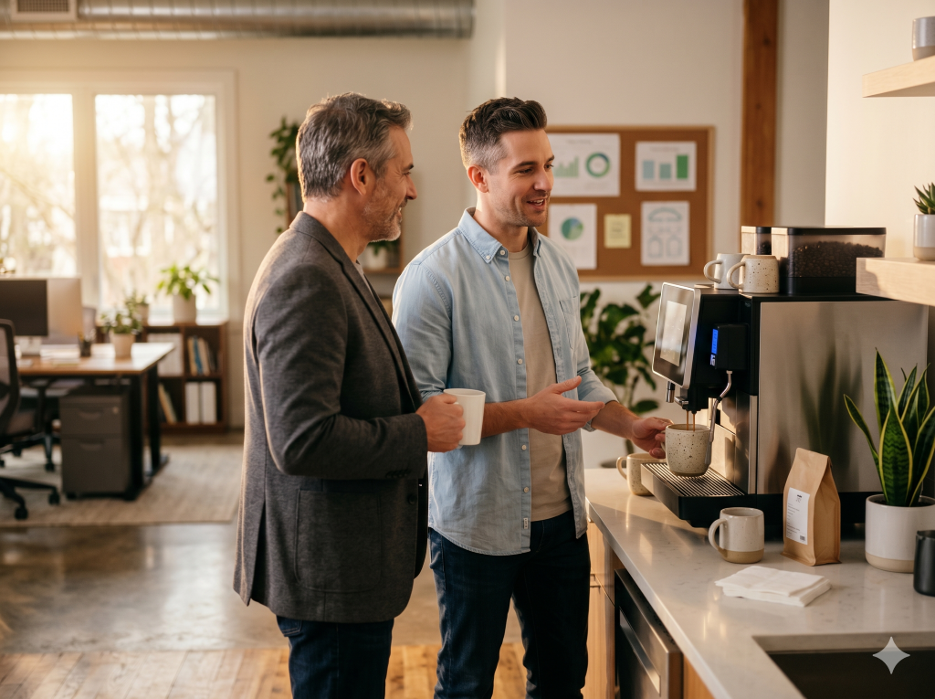 Zwei Kollegen im respektvollen Gespräch an einer Kaffeemaschine als Symbol für ehrliche Kommunikation und Gefühle am Arbeitsplatz.