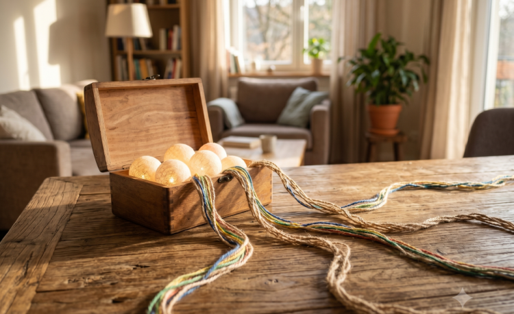 GFK-Konzept für Bedürfnisse und Strategien. Eine geöffnete Holzbox mit leuchtenden Sphären, von der aus sich verschiedene Fäden als Wege verzweigen – eine visuelle Metapher für universelle Bedürfnisse und Strategien in der GFK.