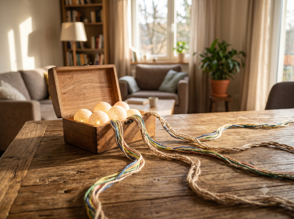GFK-Konzept für Bedürfnisse und Strategien. Eine geöffnete Holzbox mit leuchtenden Sphären, von der aus sich verschiedene Fäden als Wege verzweigen – eine visuelle Metapher für universelle Bedürfnisse und Strategien in der GFK.