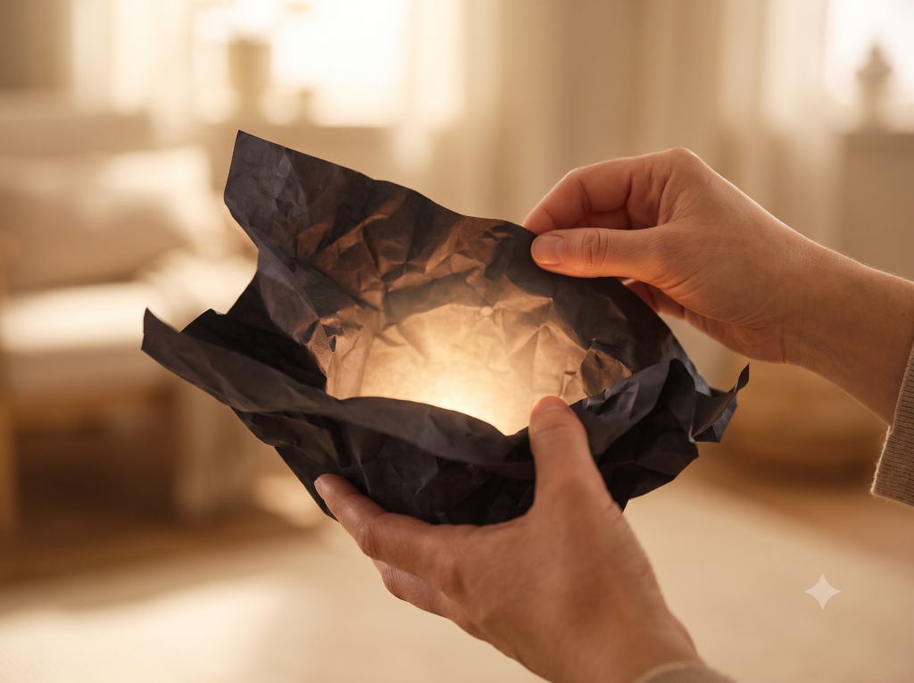 Zwei Hände entfalten ein dunkles Papier, aus dessen Inneren ein warmes Licht strahlt – Symbol für das Erkennen von Gefühlen und Bedürfnisse hinter Urteilen.