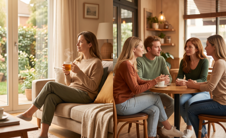 Illustration von zwei Wegen, das Bedürfnis nach Ruhe zu erfüllen: Stille Zeit für sich allein und verbindendes Zusammensein mit Menschen.
