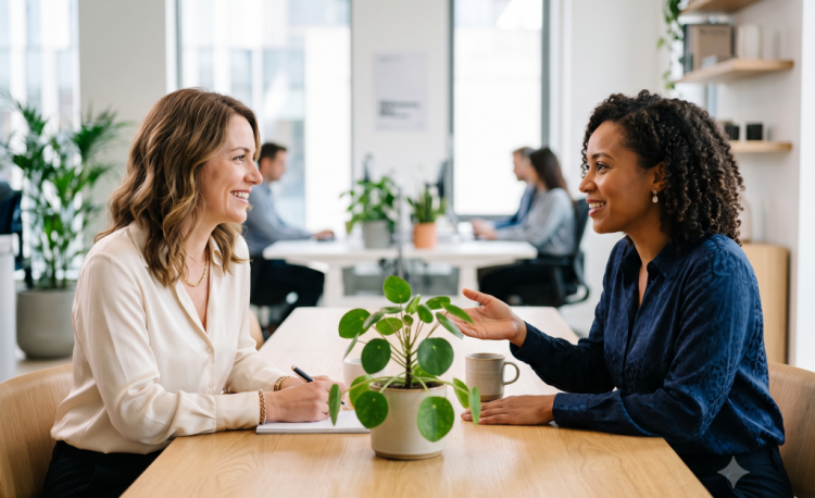 Zwei Frauen im professionellen Kontext, die Verbindung und Verständnis durch ein empathisches Gespräch teilen.