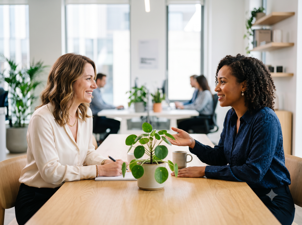 Zwei Frauen im professionellen Kontext, die Verbindung und Verständnis durch ein empathisches Gespräch teilen.