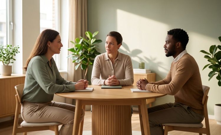 Drei Personen sitzen an einem runden Holztisch im Dialog, während eine neutrale Person hilft, Konflikte zu vermitteln und gemeinsame Bedürfnisse aufzudecken.