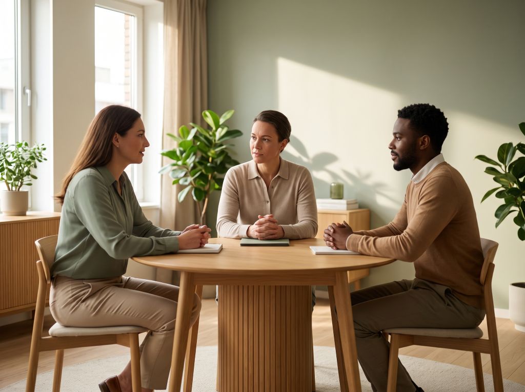 Drei Personen sitzen an einem runden Holztisch im Dialog, während eine neutrale Person hilft, Konflikte zu vermitteln und gemeinsame Bedürfnisse aufzudecken.