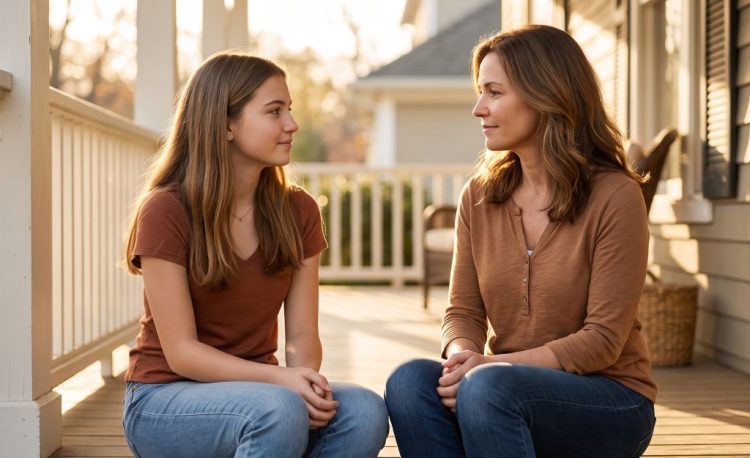 Mutter und Teenager-Tochter im einfühlsamen Gespräch auf Augenhöhe, das ihr gemeinsames Bedürfnis nach Respekt und Verbindung widerspiegelt.