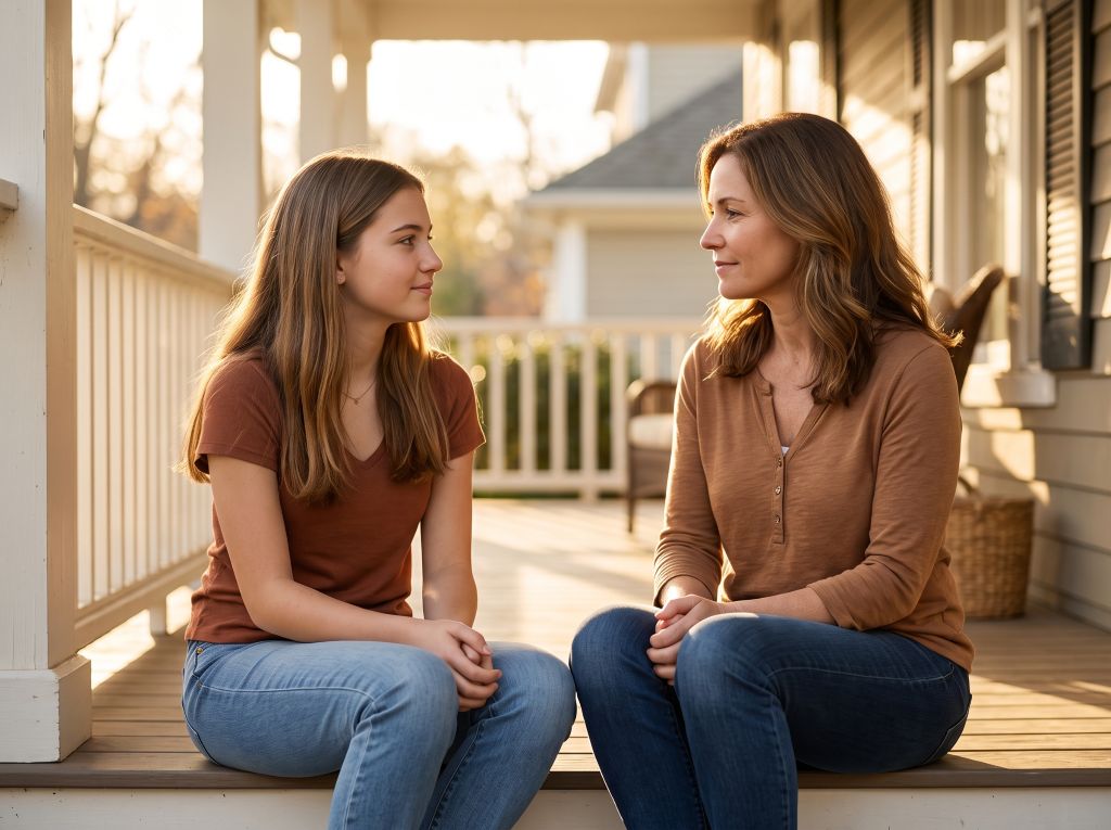 Mutter und Teenager-Tochter im einfühlsamen Gespräch auf Augenhöhe, das ihr gemeinsames Bedürfnis nach Respekt und Verbindung widerspiegelt.